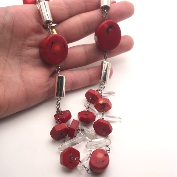 VINTAGE Sterling Coral & Rock Crystal Chunky Statement Necklace 23” - Picture 5 of 10
